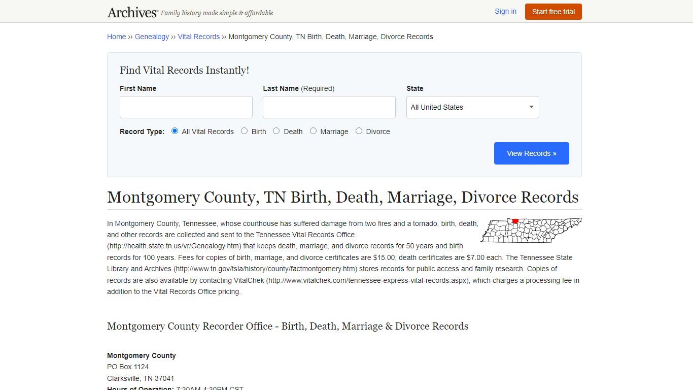 Montgomery County, TN Birth, Death, Marriage, Divorce Records